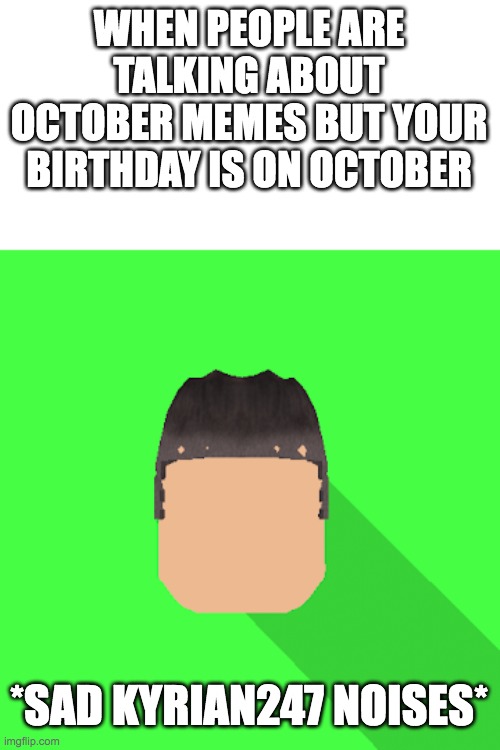 my profile picture | WHEN PEOPLE ARE TALKING ABOUT OCTOBER MEMES BUT YOUR BIRTHDAY IS ON OCTOBER; *SAD KYRIAN247 NOISES* | image tagged in my profile picture | made w/ Imgflip meme maker
