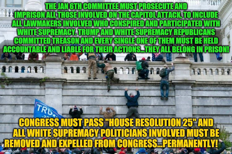 Wall | THE JAN 6TH COMMITTEE MUST PROSECUTE AND IMPRISON ALL THOSE INVOLVED ON THE CAPITOL ATTACK, TO INCLUDE ALL LAWMAKERS INVOLVED WHO CONSPIRED AND PARTICIPATED WITH WHITE SUPREMACY. TRUMP AND WHITE SUPREMACY REPUBLICANS COMMITTED TREASON AND EVERY SINGLE ONE OF THEM MUST BE HELD ACCOUNTABLE AND LIABLE FOR THEIR ACTIONS...THEY ALL BELONG IN PRISON! CONGRESS MUST PASS "HOUSE RESOLUTION 25" AND ALL WHITE SUPREMACY POLITICIANS INVOLVED MUST BE REMOVED AND EXPELLED FROM CONGRESS...PERMANENTLY! | image tagged in wall | made w/ Imgflip meme maker