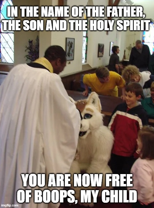 ✝ | IN THE NAME OF THE FATHER, THE SON AND THE HOLY SPIRIT; YOU ARE NOW FREE OF BOOPS, MY CHILD | image tagged in christianity,memes,furry,church | made w/ Imgflip meme maker