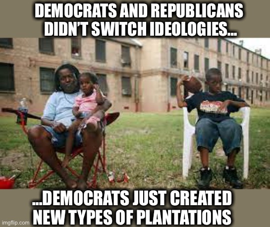 Democrats are still Democrats | DEMOCRATS AND REPUBLICANS  DIDN’T SWITCH IDEOLOGIES…; …DEMOCRATS JUST CREATED NEW TYPES OF PLANTATIONS | image tagged in democratic party,democrats,racism,passive aggressive racism,memes,liberal logic | made w/ Imgflip meme maker