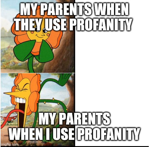 flower cuphead | MY PARENTS WHEN THEY USE PROFANITY; MY PARENTS WHEN I USE PROFANITY | image tagged in flower cuphead,swear word | made w/ Imgflip meme maker