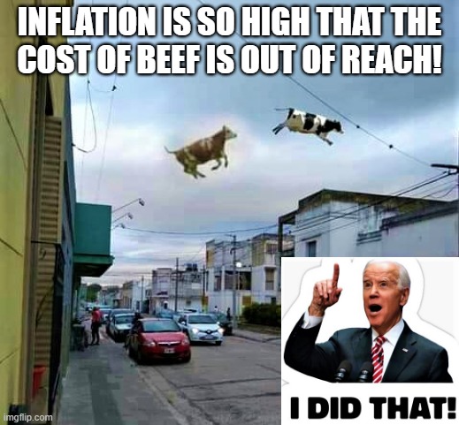 flying cows | INFLATION IS SO HIGH THAT THE
COST OF BEEF IS OUT OF REACH! | image tagged in flying cows,political meme,joe biden,inflation,beef | made w/ Imgflip meme maker