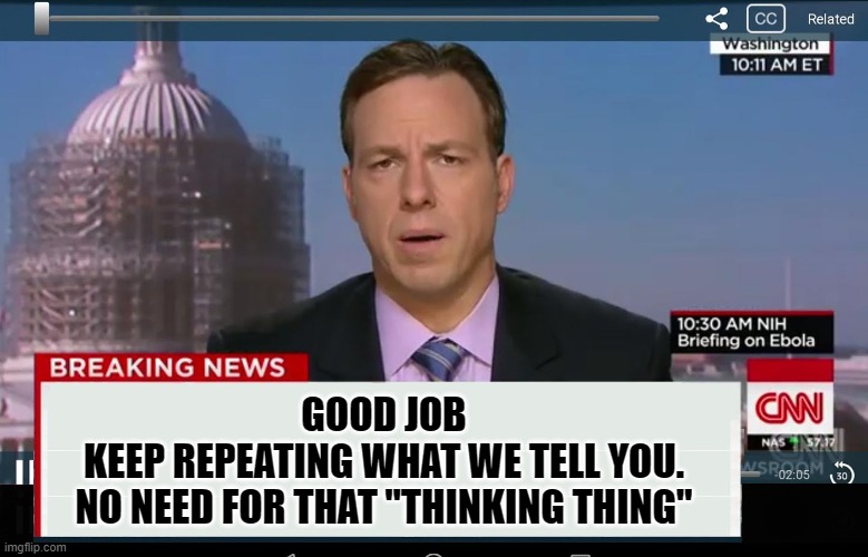 CNN Crazy News Network | GOOD JOB
KEEP REPEATING WHAT WE TELL YOU.
NO NEED FOR THAT "THINKING THING" | image tagged in cnn crazy news network | made w/ Imgflip meme maker
