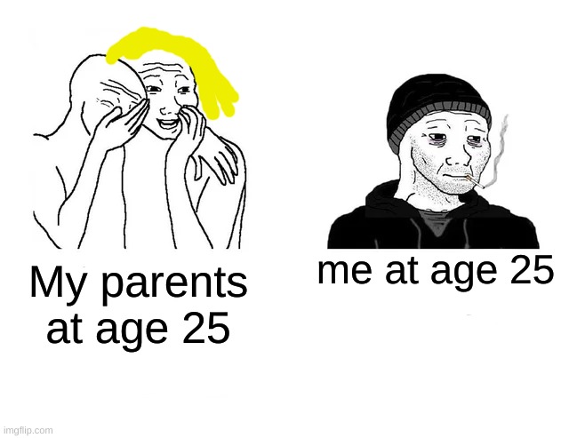 HmmmMMMMMMMmmm | me at age 25; My parents at age 25 | image tagged in wojaks laughing at smoker | made w/ Imgflip meme maker