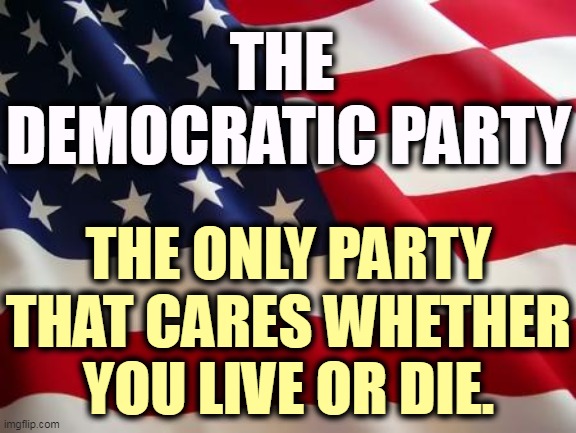 Apparently the Republicans couldn't give a sh!t. They're too busy plotting the next coup. | THE 
DEMOCRATIC PARTY; THE ONLY PARTY THAT CARES WHETHER YOU LIVE OR DIE. | image tagged in american flag,democratic party,cares,republican party,no | made w/ Imgflip meme maker