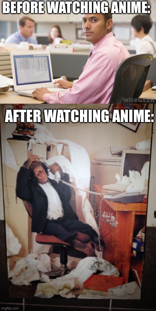 anime bad | BEFORE WATCHING ANIME:; AFTER WATCHING ANIME: | image tagged in office worker,chimpanzee in the office | made w/ Imgflip meme maker