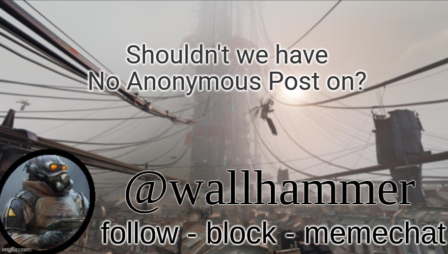 Wallhammer temp (thanks Bluehonu) | Shouldn't we have No Anonymous Post on? | image tagged in wallhammer temp thanks bluehonu | made w/ Imgflip meme maker