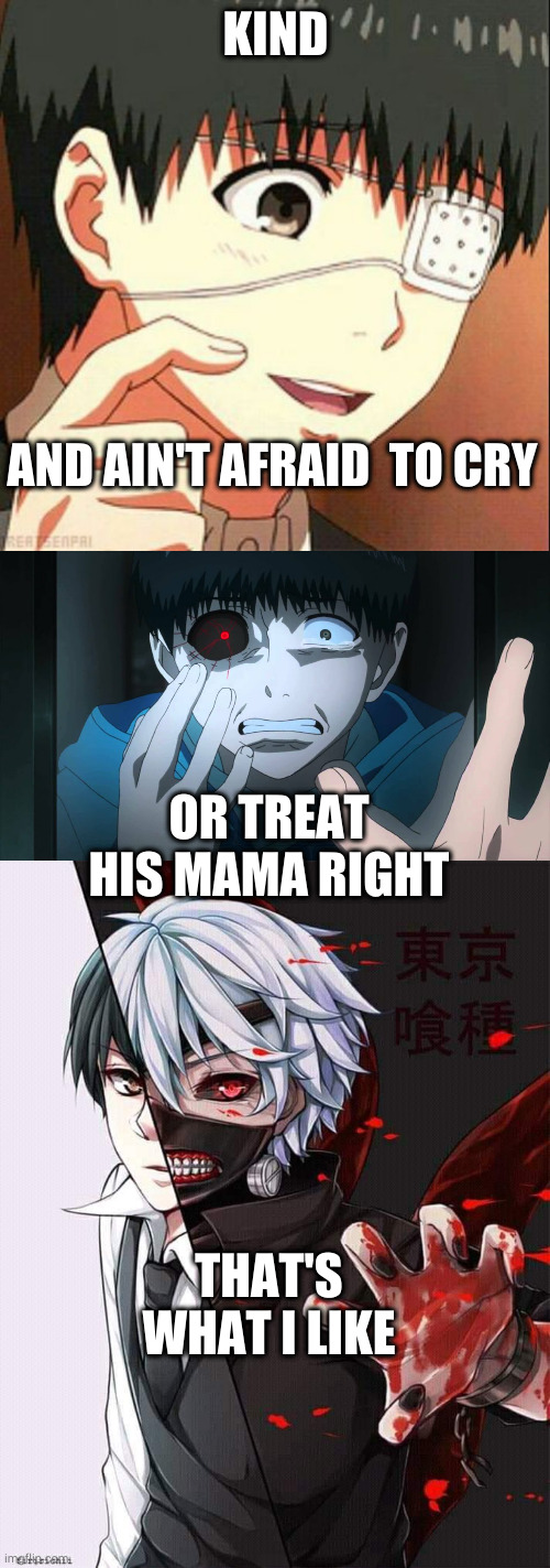 KIND; AND AIN'T AFRAID  TO CRY; OR TREAT HIS MAMA RIGHT; THAT'S WHAT I LIKE | image tagged in ken kaneki,ken kaneki ghoul eye,ken kaneki tokyo ghoul | made w/ Imgflip meme maker