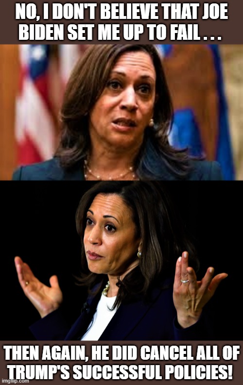 Kamala without makeup | NO, I DON'T BELIEVE THAT JOE
BIDEN SET ME UP TO FAIL . . . THEN AGAIN, HE DID CANCEL ALL OF
TRUMP'S SUCCESSFUL POLICIES! | image tagged in kamala without makeup,political meme,kamala harris,joe biden,fail,donald trump | made w/ Imgflip meme maker