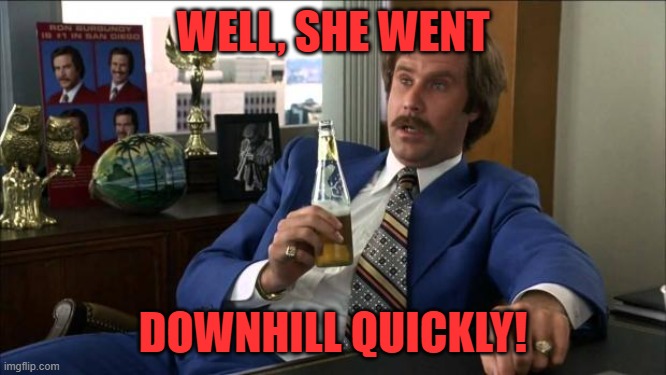 Ron Burgundy | WELL, SHE WENT DOWNHILL QUICKLY! | image tagged in ron burgundy | made w/ Imgflip meme maker