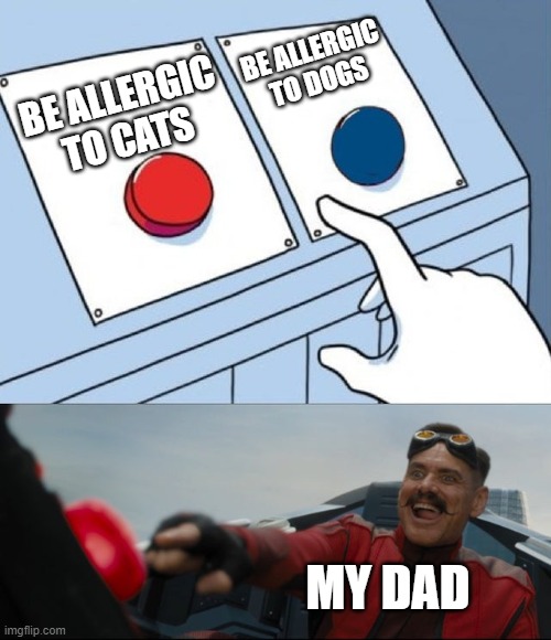 The True reason why we don't have a Cat | BE ALLERGIC TO DOGS; BE ALLERGIC TO CATS; MY DAD | image tagged in memes | made w/ Imgflip meme maker