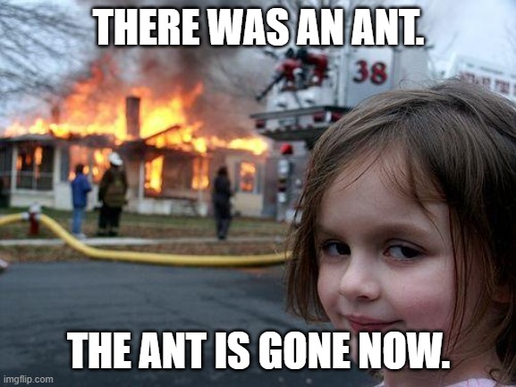 There was an ant | THERE WAS AN ANT. THE ANT IS GONE NOW. | image tagged in memes,disaster girl,funny,ant,gone | made w/ Imgflip meme maker