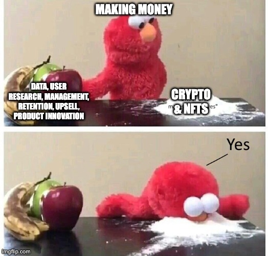 Making Money in 2022 | MAKING MONEY; DATA, USER RESEARCH, MANAGEMENT, RETENTION, UPSELL, PRODUCT INNOVATION; CRYPTO & NFTS | image tagged in muppet coke | made w/ Imgflip meme maker