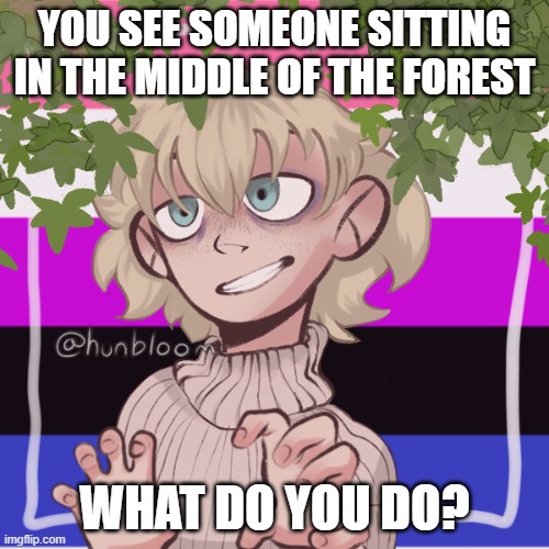 Roleplayssssss | YOU SEE SOMEONE SITTING IN THE MIDDLE OF THE FOREST; WHAT DO YOU DO? | made w/ Imgflip meme maker