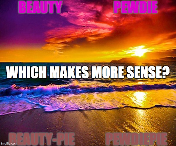 Which makes more sense? | BEAUTY                    PEWDIE; WHICH MAKES MORE SENSE? BEAUTY-PIE            PEWDIEPIE | image tagged in beauty,pewdiepie,demotivationals,galaxy,common sense | made w/ Imgflip meme maker