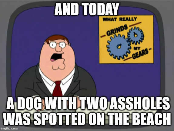 Peter Griffin News Meme | AND TODAY A DOG WITH TWO ASSHOLES WAS SPOTTED ON THE BEACH | image tagged in memes,peter griffin news | made w/ Imgflip meme maker