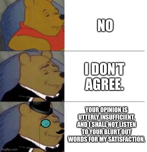 Tuxedo Winnie the Pooh (3 panel) | NO; I DON’T AGREE. YOUR OPINION IS UTTERLY INSUFFICIENT, AND I SHALL NOT LISTEN TO YOUR BLURT OUT WORDS FOR MY SATISFACTION. | image tagged in tuxedo winnie the pooh 3 panel,funni | made w/ Imgflip meme maker