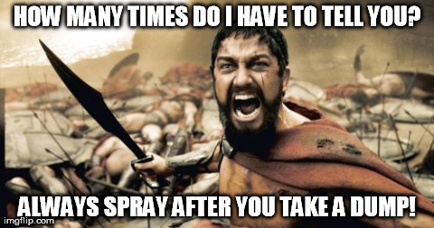 What's that smell? | HOW MANY TIMES DO I HAVE TO TELL YOU? ALWAYS SPRAY AFTER YOU TAKE A DUMP! | image tagged in memes,sparta leonidas | made w/ Imgflip meme maker