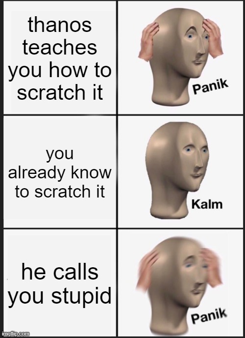 Panik Kalm Panik Meme | thanos teaches you how to scratch it; you already know to scratch it; he calls you stupid | image tagged in memes,panik kalm panik | made w/ Imgflip meme maker
