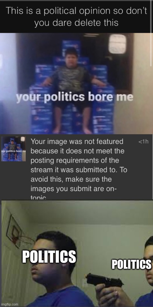 So apparently you can’t have an opinion IN THE POLITICS STREAM | POLITICS; POLITICS | made w/ Imgflip meme maker