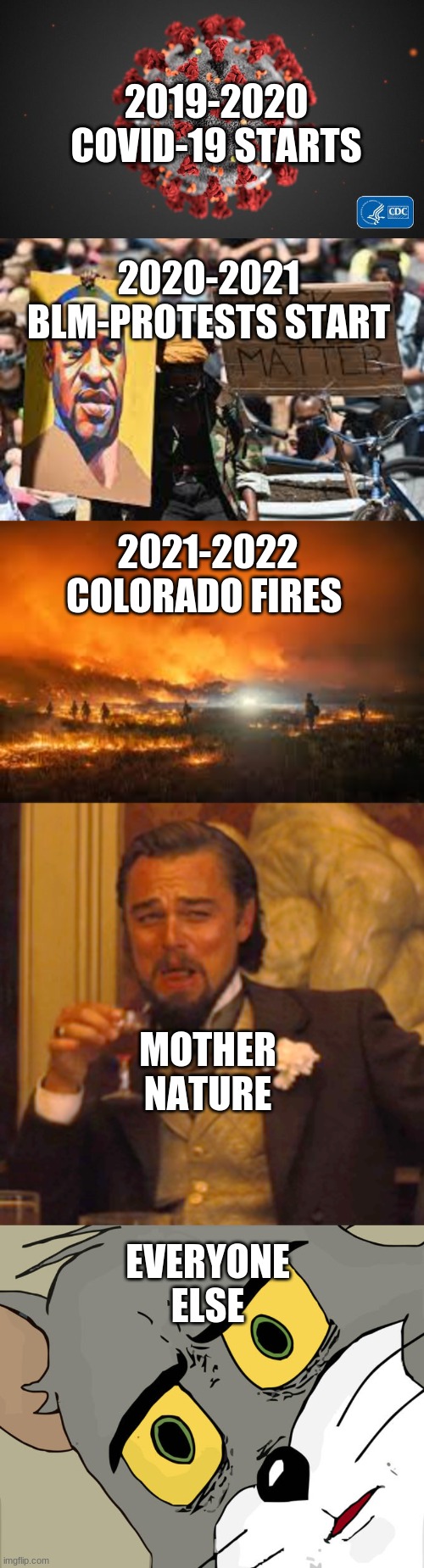 It be like this during New Years | 2019-2020
COVID-19 STARTS; 2020-2021
BLM-PROTESTS START; 2021-2022
COLORADO FIRES; MOTHER NATURE; EVERYONE ELSE | image tagged in covid 19,colorado,wildfires,blm,2020,2019 | made w/ Imgflip meme maker