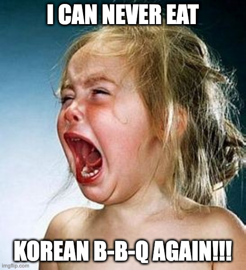 crybaby | I CAN NEVER EAT; KOREAN B-B-Q AGAIN!!! | image tagged in crybaby | made w/ Imgflip meme maker