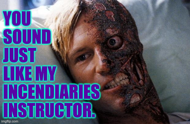 Two Face | YOU
SOUND
JUST
LIKE MY
INCENDIARIES
INSTRUCTOR. | image tagged in two face | made w/ Imgflip meme maker