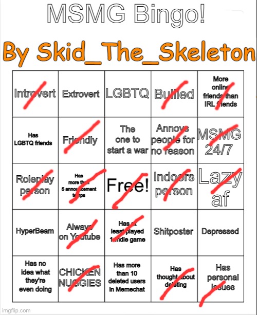 MSMG Bingo(By Skid) | image tagged in msmg bingo by skid | made w/ Imgflip meme maker