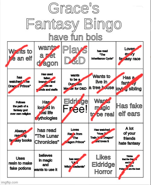 Grace's Fantasy Bingo | image tagged in grace's fantasy bingo | made w/ Imgflip meme maker