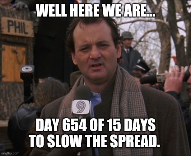 Looking like it'll never end. | WELL HERE WE ARE... DAY 654 OF 15 DAYS TO SLOW THE SPREAD. | image tagged in bill murray groundhog day | made w/ Imgflip meme maker