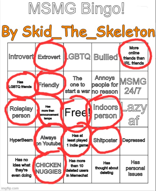thanks Skid | image tagged in msmg bingo by skid | made w/ Imgflip meme maker