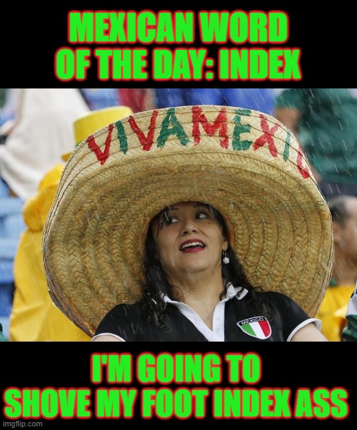 Index | MEXICAN WORD OF THE DAY: INDEX; I'M GOING TO SHOVE MY FOOT INDEX ASS | image tagged in mexican word of the day,memes,funny memes,funny | made w/ Imgflip meme maker