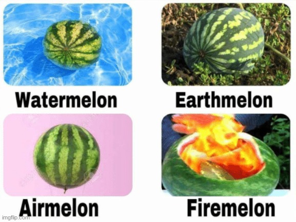 The ELEMELONS | image tagged in funny,watermelon,elements | made w/ Imgflip meme maker