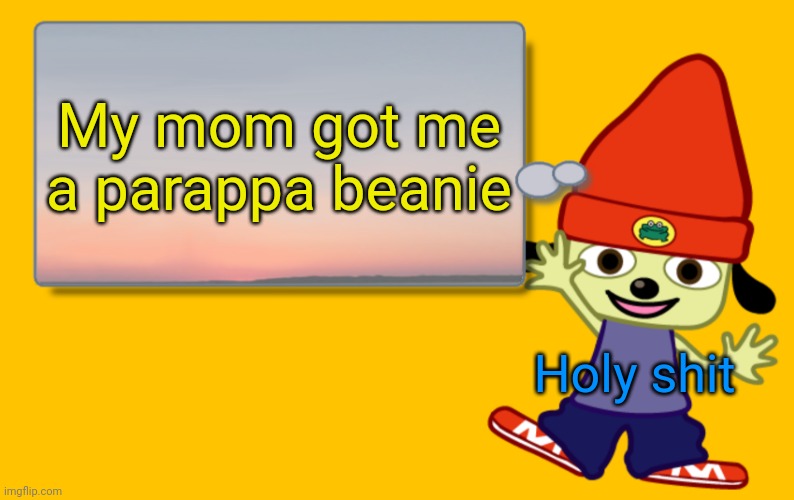 Parappa Text Box | My mom got me a parappa beanie; Holy shit | image tagged in parappa text box | made w/ Imgflip meme maker
