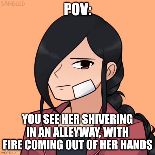 not the most creative, but I got a good idea with this OC, so enjoy | POV:; YOU SEE HER SHIVERING IN AN ALLEYWAY, WITH FIRE COMING OUT OF HER HANDS | made w/ Imgflip meme maker
