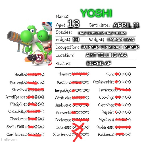 Profile card | YOSHI; 13; APRIL 11; HALF DINOSAUR, HALF-HUMAN; 5'0; I FORGOT LMAO; FORMER "CRIMINAL", MEMER; AINT TELLING YAA; BORED AF | image tagged in profile card | made w/ Imgflip meme maker
