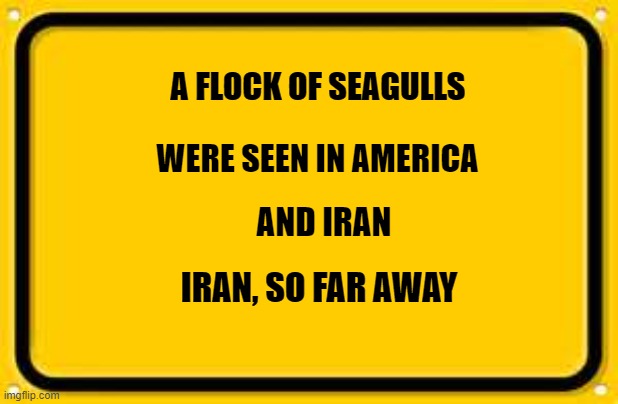 Blank Yellow Sign Meme | A FLOCK OF SEAGULLS; WERE SEEN IN AMERICA; AND IRAN; IRAN, SO FAR AWAY | image tagged in memes,blank yellow sign | made w/ Imgflip meme maker