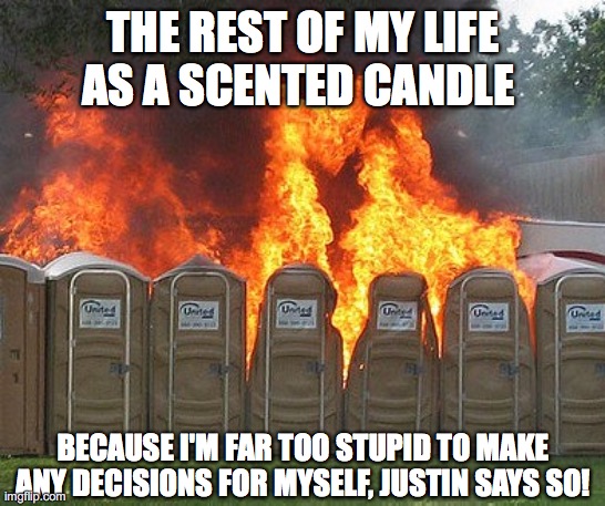 Scented Candle | THE REST OF MY LIFE AS A SCENTED CANDLE; BECAUSE I'M FAR TOO STUPID TO MAKE ANY DECISIONS FOR MYSELF, JUSTIN SAYS SO! | image tagged in candle,scented,toilet,life | made w/ Imgflip meme maker