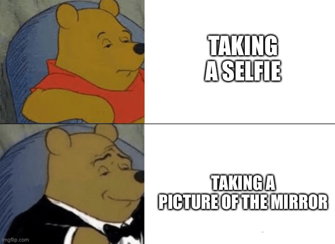 Pooh taking a Selfie | TAKING A SELFIE; TAKING A PICTURE OF THE MIRROR | image tagged in tuxedo winnie the pooh,selfie,mirror | made w/ Imgflip meme maker
