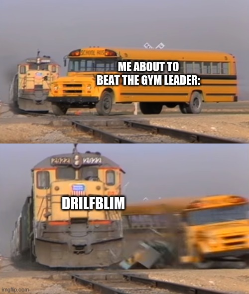 It destroyed my team/career | ME ABOUT TO BEAT THE GYM LEADER:; DRILFBLIM | image tagged in a train hitting a school bus | made w/ Imgflip meme maker