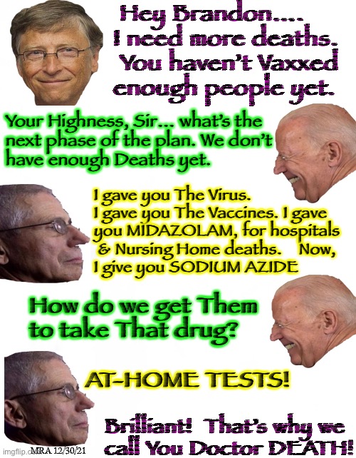 Covid-1984 Ag Card 2 Home Test Kit  —  AKA:  The Next Phase of The Plan | Hey Brandon…. I need more deaths.  You haven’t Vaxxed enough people yet. Your Highness, Sir… what’s the 
next phase of the plan. We don’t 
have enough Deaths yet. I gave you The Virus. 
I gave you The Vaccines. I gave 
you MIDAZOLAM, for hospitals 
 & Nursing Home deaths.    Now, 
I give you SODIUM AZIDE; How do we get Them 
to take That drug? AT-HOME TESTS! Brilliant!  That’s why we 
call You Doctor DEATH! MRA 12/30/21 | image tagged in memes,half a billion free test kits,depopulation,thru virus vaccine home tests,evil dastardly democrats,dems allowed this | made w/ Imgflip meme maker