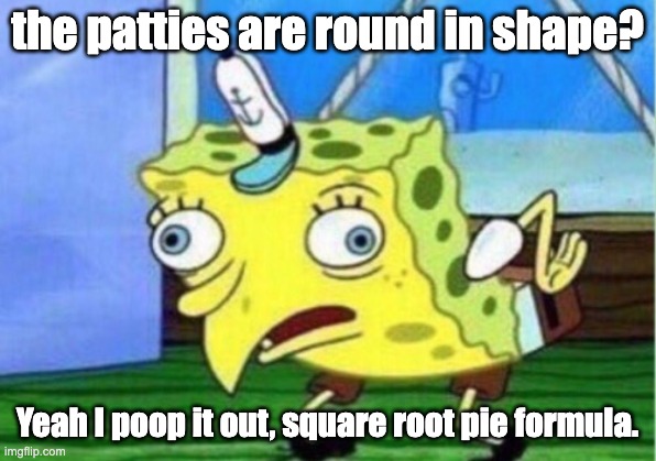 Mocking Spongebob | the patties are round in shape? Yeah I poop it out, square root pie formula. | image tagged in memes,mocking spongebob | made w/ Imgflip meme maker