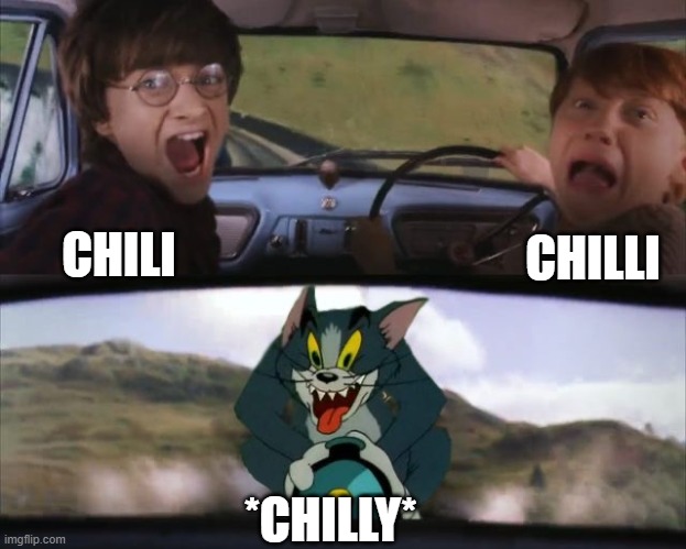 Tom chasing Harry and Ron Weasly | CHILI; CHILLI; *CHILLY* | image tagged in tom chasing harry and ron weasly | made w/ Imgflip meme maker