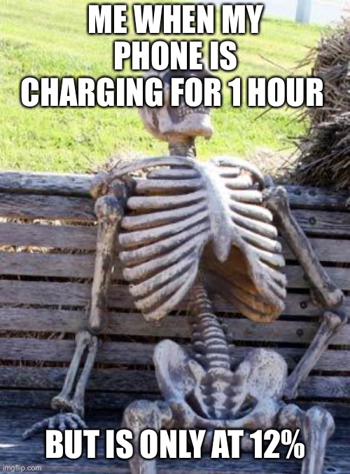Waiting Skeleton |  ME WHEN MY PHONE IS CHARGING FOR 1 HOUR; BUT IS ONLY AT 12% | image tagged in memes,waiting skeleton | made w/ Imgflip meme maker