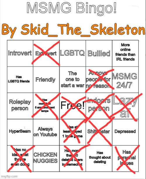 MSMG Bingo(By Skid) | image tagged in msmg bingo by skid | made w/ Imgflip meme maker