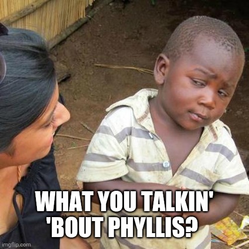 Third World Skeptical Kid | WHAT YOU TALKIN' 'BOUT PHYLLIS? | image tagged in memes,third world skeptical kid | made w/ Imgflip meme maker