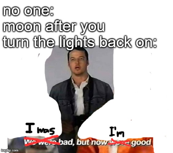 not totally accurate but idc lol | no one:; moon after you turn the lights back on: | image tagged in we were bad but now we are good | made w/ Imgflip meme maker