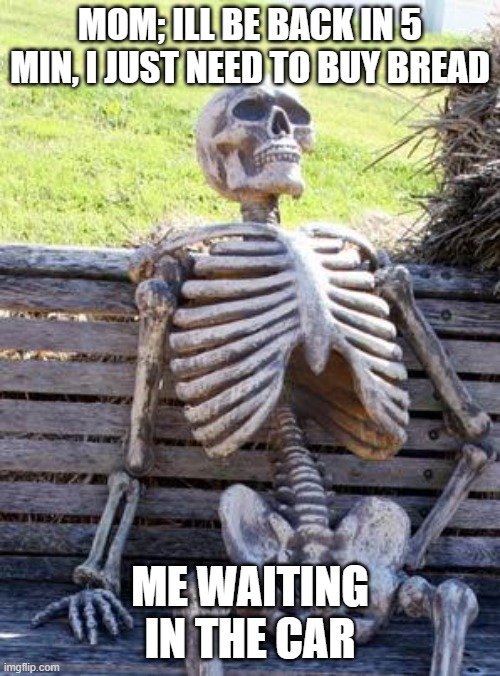 Waiting Skeleton | MOM; ILL BE BACK IN 5 MIN, I JUST NEED TO BUY BREAD; ME WAITING IN THE CAR | image tagged in memes,waiting skeleton | made w/ Imgflip meme maker