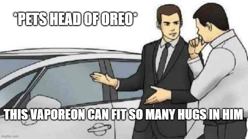 Car Salesman Slaps Roof Of Car | *PETS HEAD OF OREO*; THIS VAPOREON CAN FIT SO MANY HUGS IN HIM | image tagged in memes,car salesman slaps roof of car | made w/ Imgflip meme maker