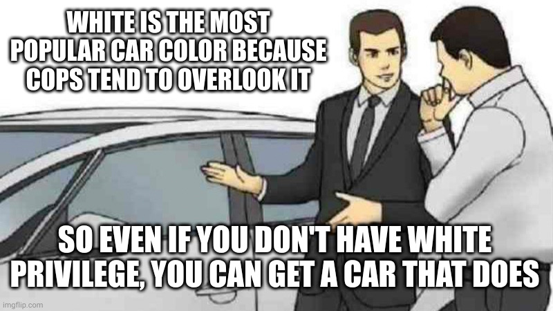 Gives new meaning to the term "race car" | WHITE IS THE MOST POPULAR CAR COLOR BECAUSE COPS TEND TO OVERLOOK IT; SO EVEN IF YOU DON'T HAVE WHITE PRIVILEGE, YOU CAN GET A CAR THAT DOES | image tagged in memes,car salesman slaps roof of car | made w/ Imgflip meme maker